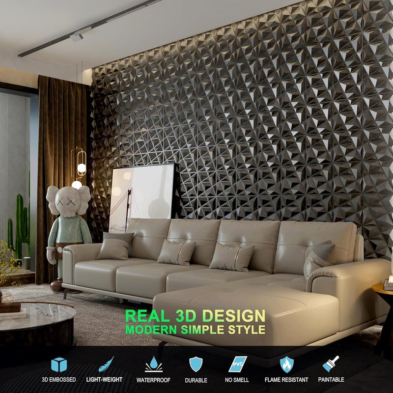 MIX3D 33 Pack 3D Wall Panels, Modern Diamond Textured Design for Interior Wall Decor in Living Room Bedroom Game Room Office Hotel, Black, 12'' x 12'' Cover 32 Sq. Ft - Image 4